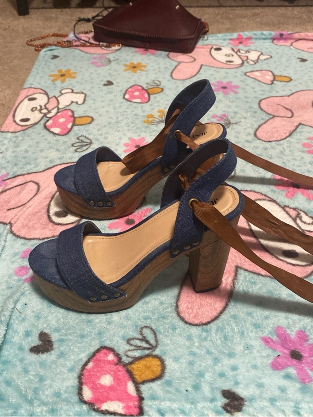 Denim Blue Platform Block Heels with Ankle Tie